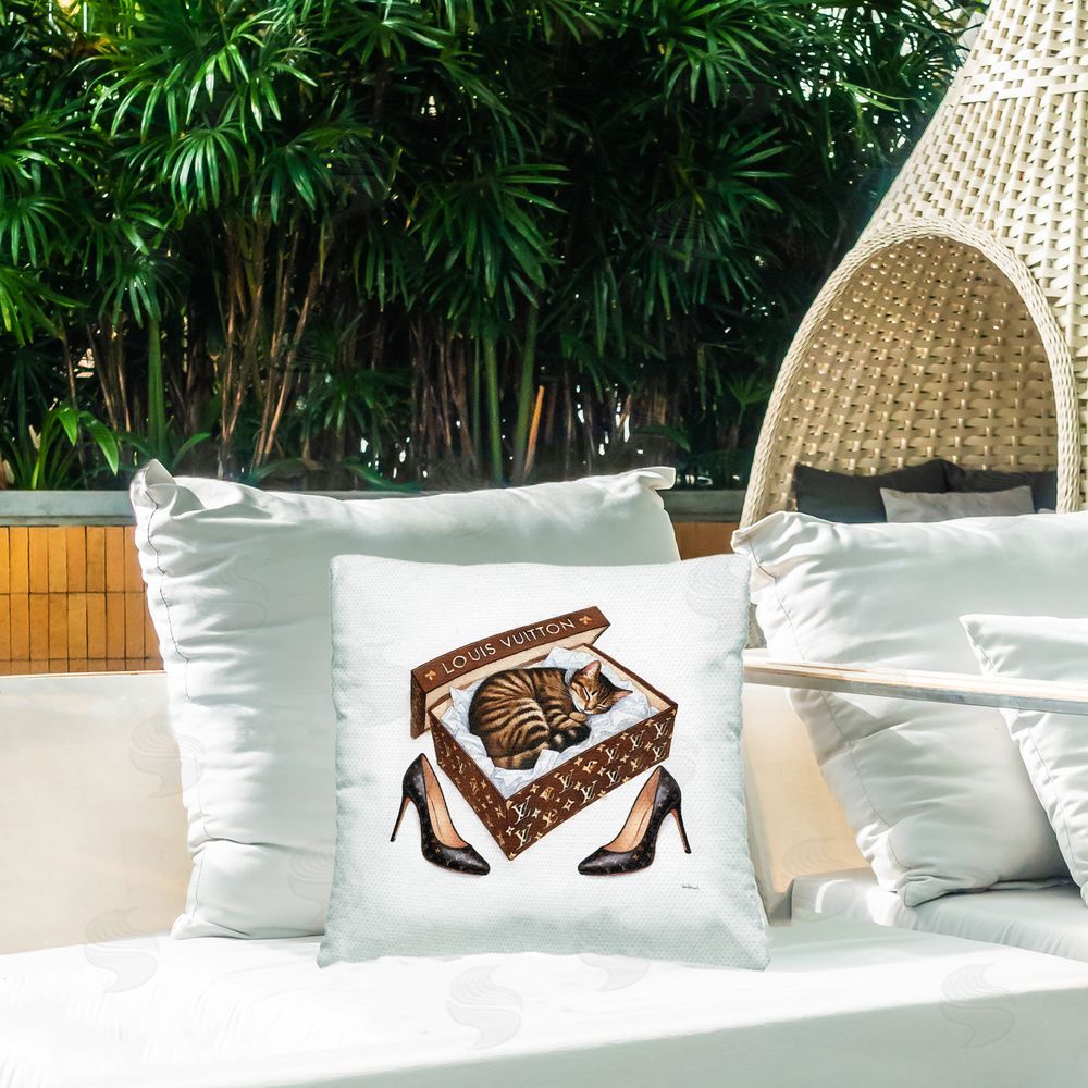 Amanda Greenwood Sleeping Cat in Shoebox Outdoor Quick-Dry Polyester Printed Throw Pillow in Back Yard