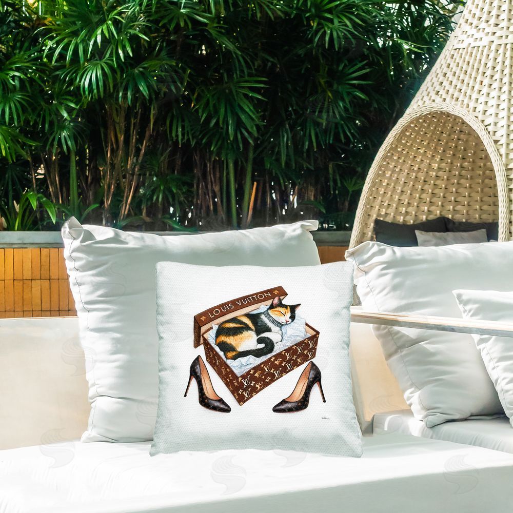 Amanda Greenwood Kitty Sleeping in Shoebox Outdoor Quick-Dry Polyester Printed Throw Pillow in Back Yard