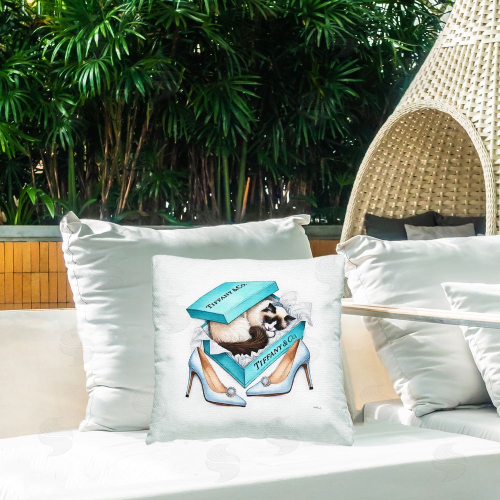 Amanda Greenwood Blue Shoebox with Kitten Outdoor Quick-Dry Polyester Printed Throw Pillow in Back Yard