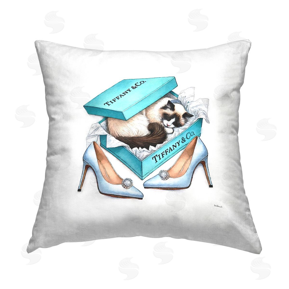 Amanda Greenwood Blue Shoebox with Kitten Printed Plush Polyester Throw Pillow