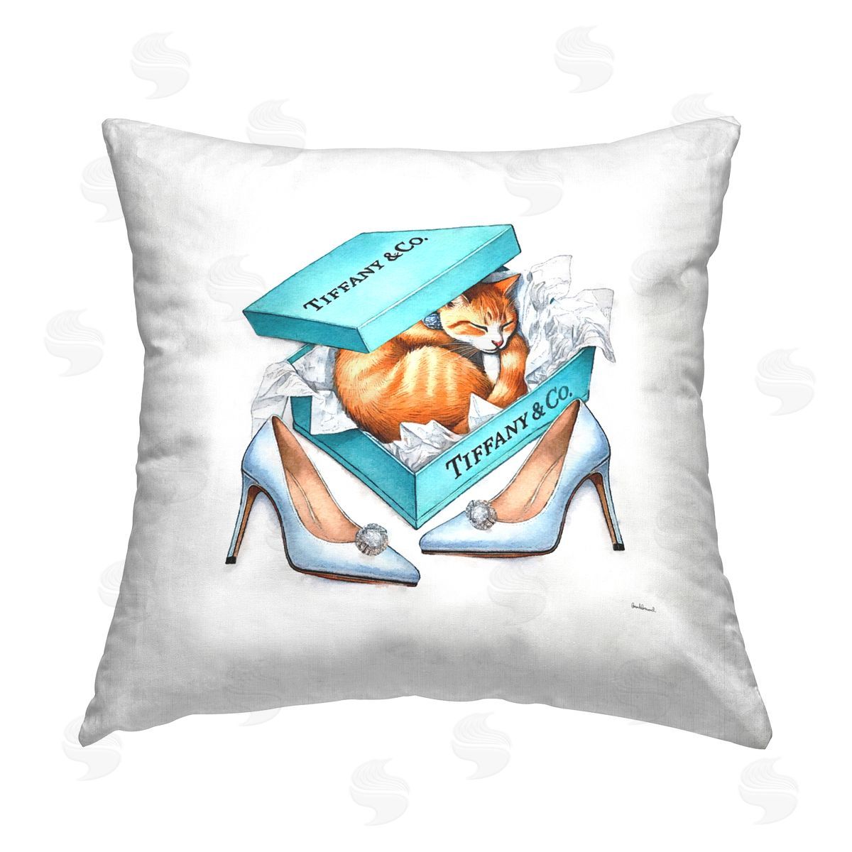 Amanda Greenwood Blue Shoebox with Cat Printed Plush Polyester Throw Pillow