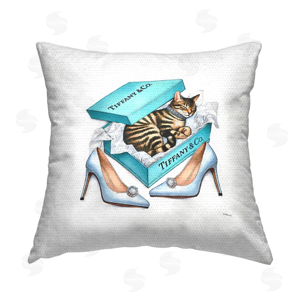 Amanda Greenwood Blue Shoebox with Kitty Outdoor Quick-Dry Polyester Printed Throw Pillow