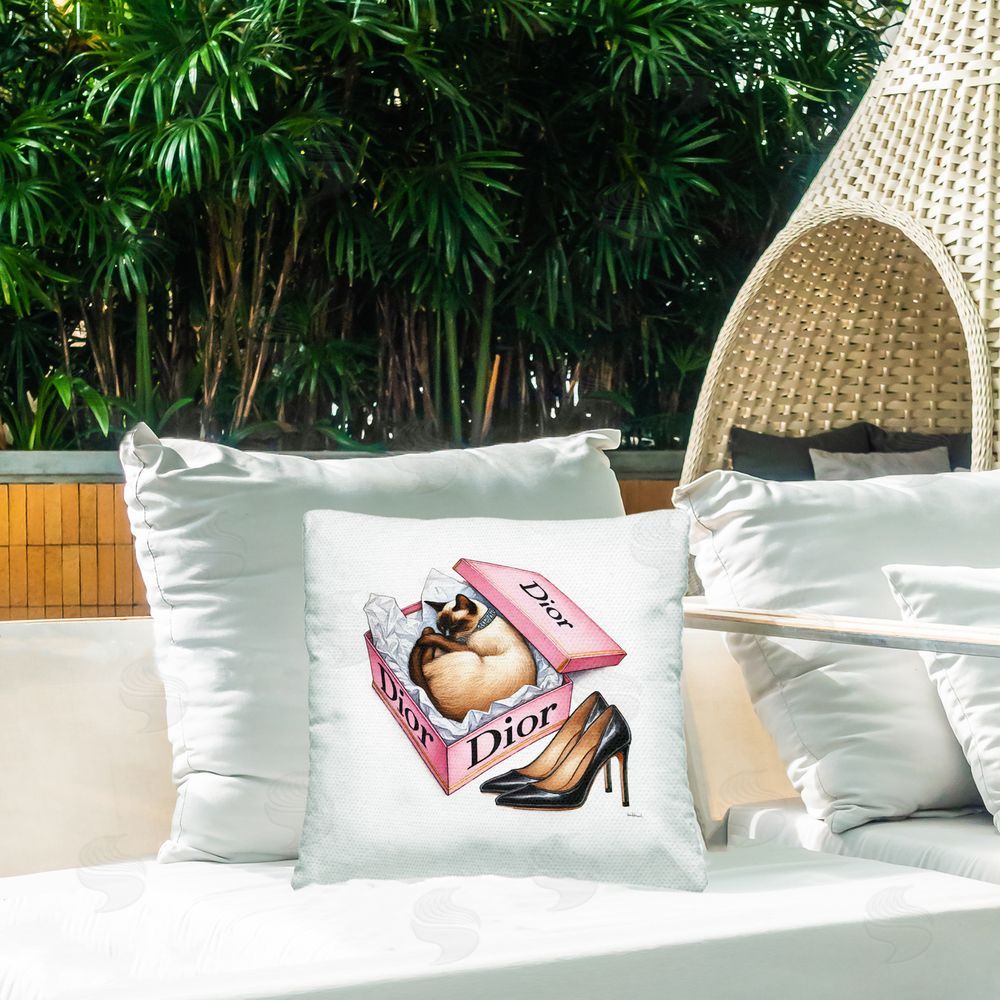 Amanda Greenwood Pink Shoebox with Cat Outdoor Quick-Dry Polyester Printed Throw Pillow in Back Yard