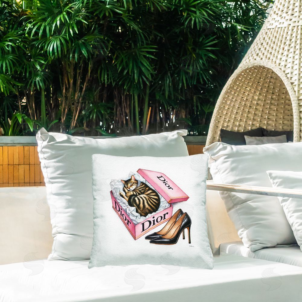 Amanda Greenwood Pink Shoebox with Kitten Outdoor Quick-Dry Polyester Printed Throw Pillow in Back Yard