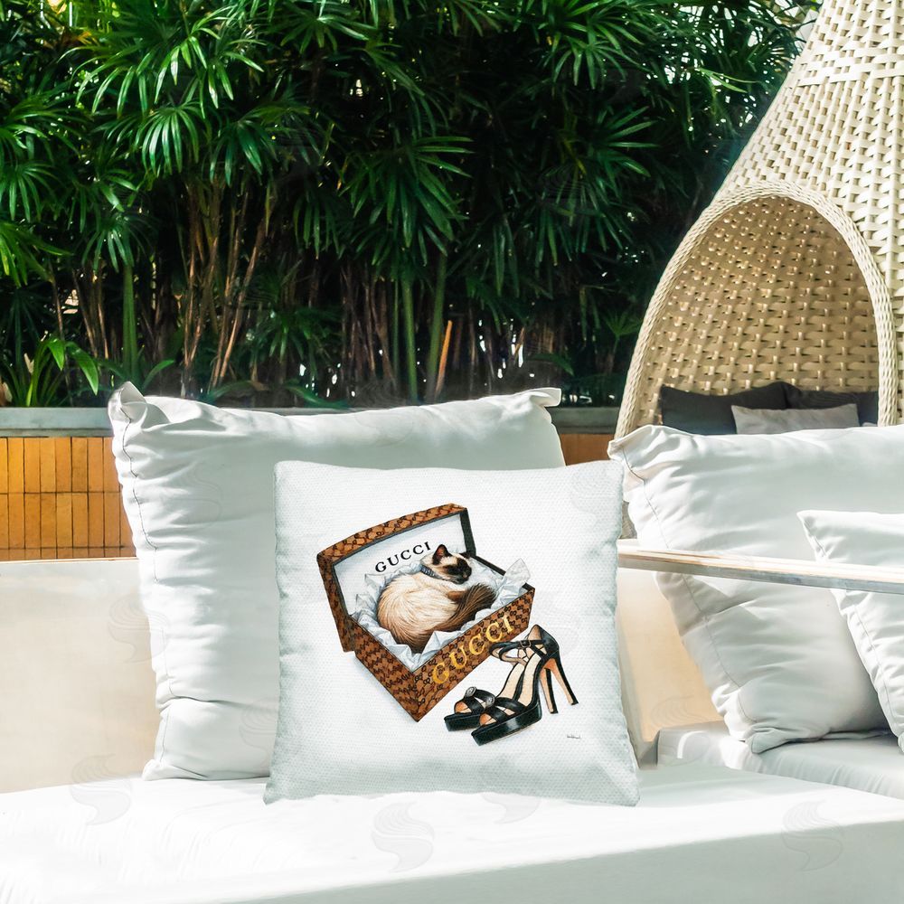 Amanda Greenwood Glam Cat Shoebox Outdoor Quick-Dry Polyester Printed Throw Pillow in Back Yard