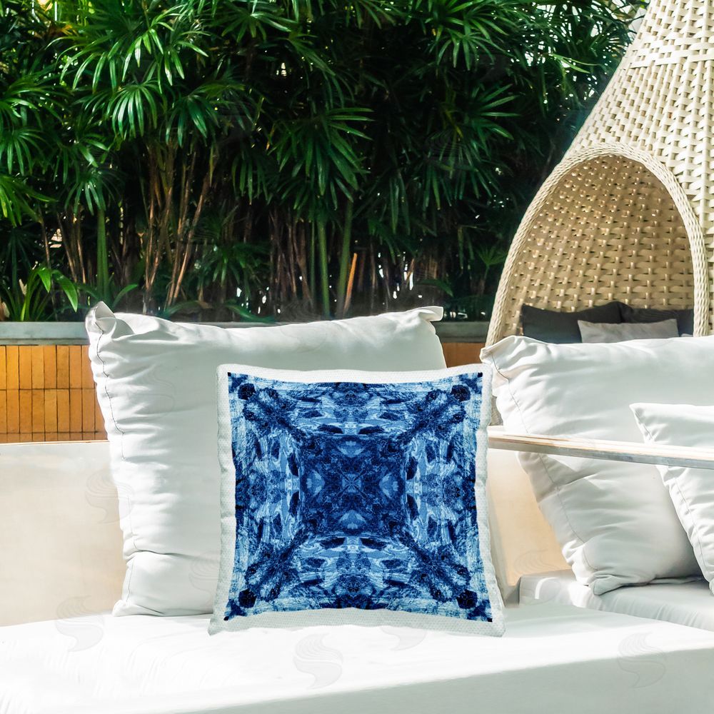 El Perkin Blue Tie Dye Symmetry Outdoor Quick-Dry Polyester Printed Throw Pillow in Back Yard