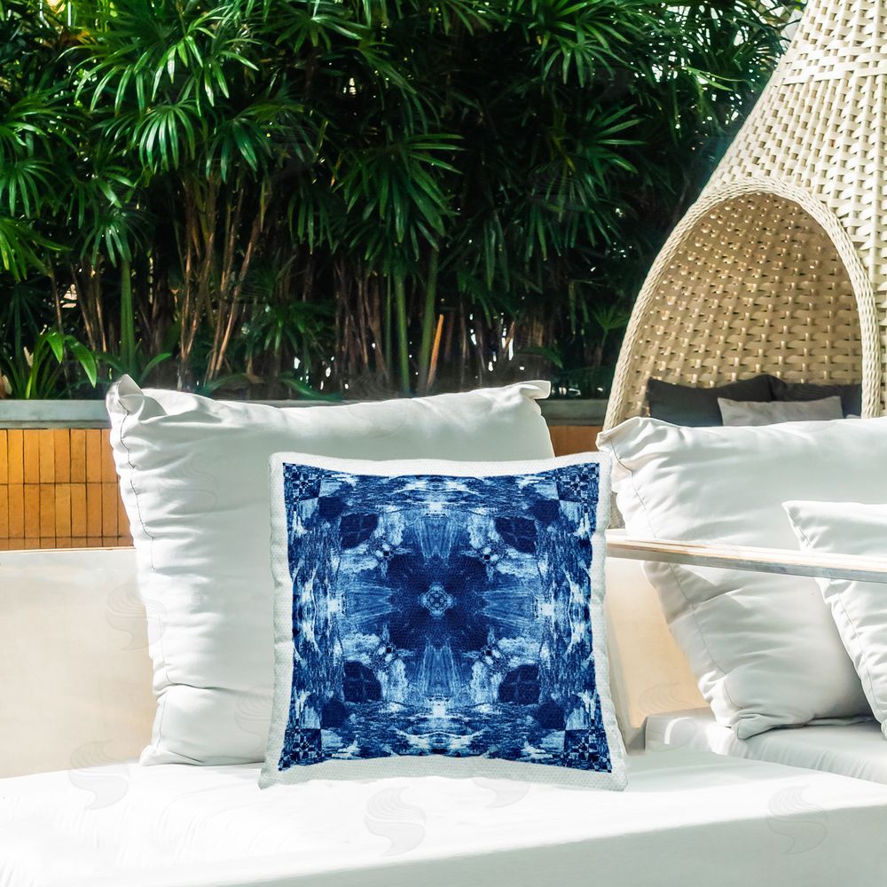 El Perkin Blue Mirrored Symmetry Outdoor Quick-Dry Polyester Printed Throw Pillow in Back Yard