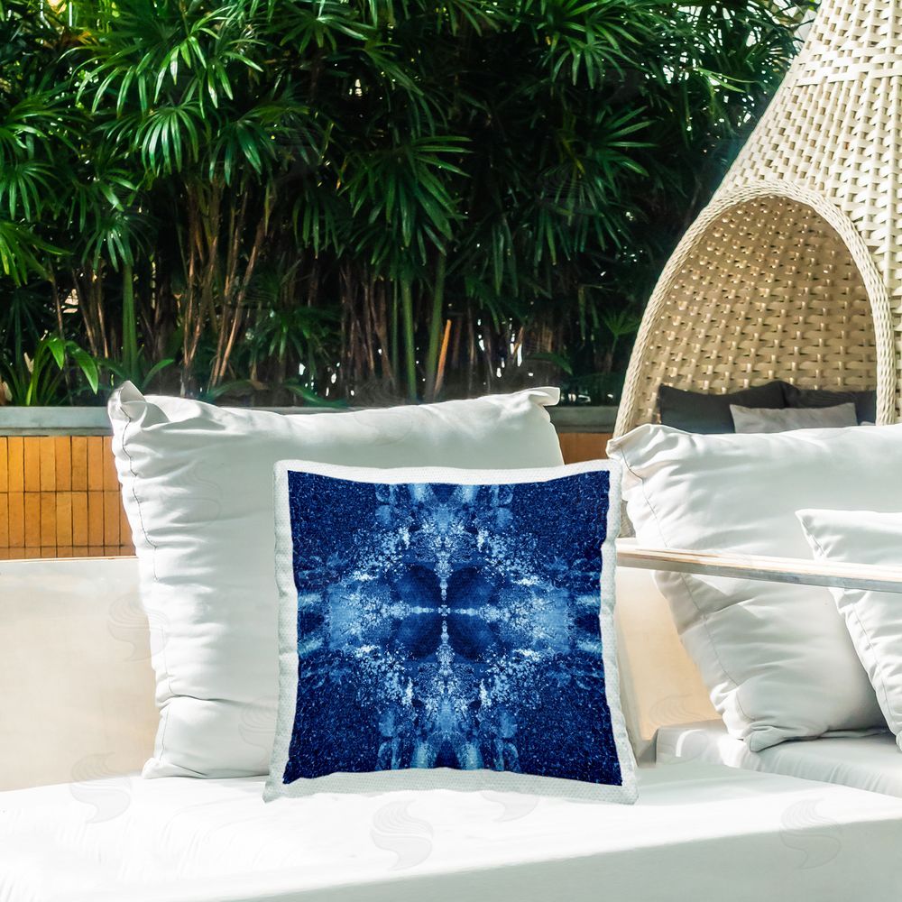 El Perkin Blue Detailed Symmetry Outdoor Quick-Dry Polyester Printed Throw Pillow in Back Yard