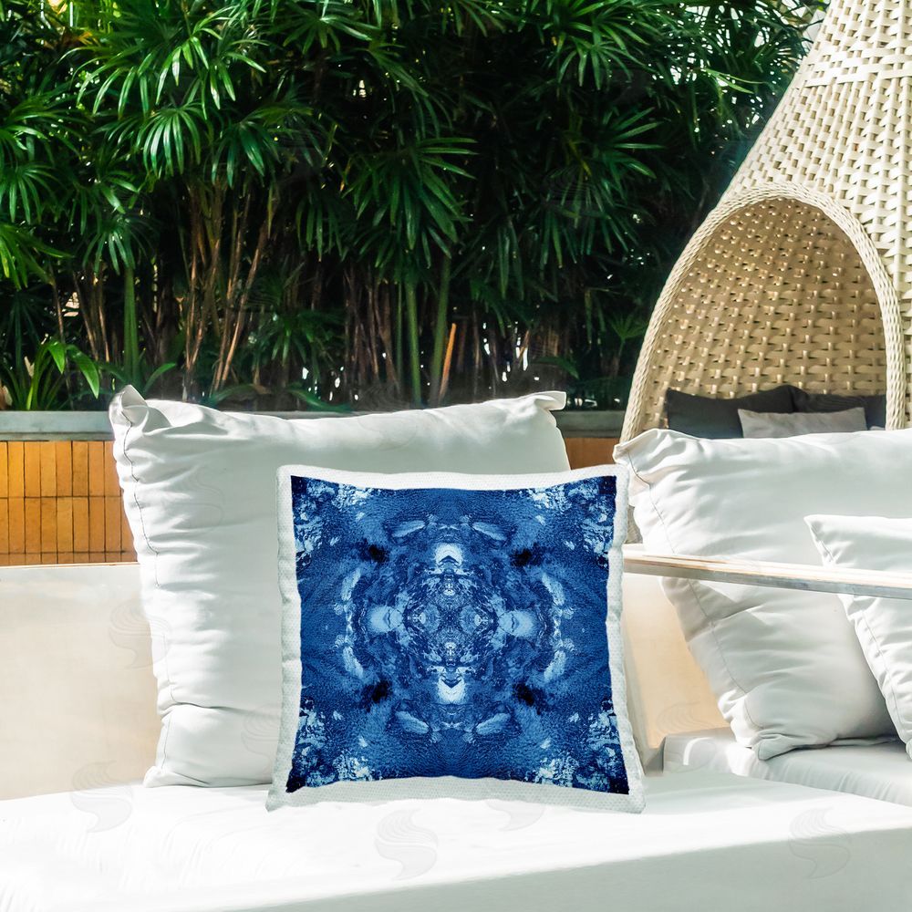 El Perkin Blue & White Mosaic Outdoor Quick-Dry Polyester Printed Throw Pillow in Back Yard