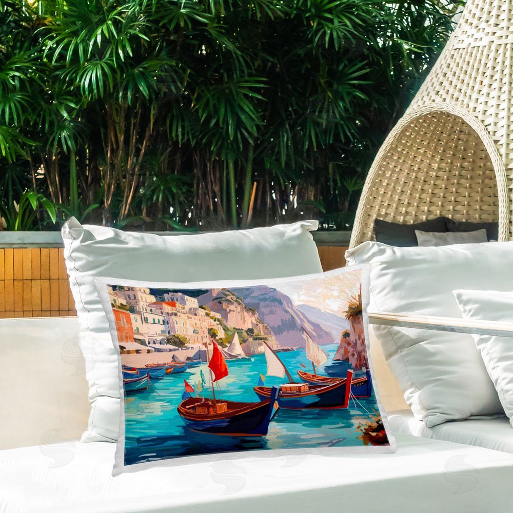 Amelia Noyes Capri Boat Marina View Outdoor Quick-Dry Polyester Printed Throw Pillow in Back Yard