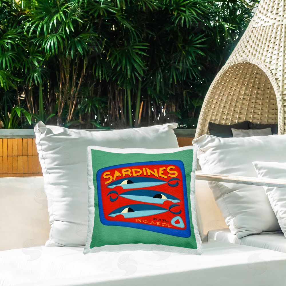 Carrie Cantwell Bold Sardines Can Outdoor Quick-Dry Polyester Printed Throw Pillow in Back Yard