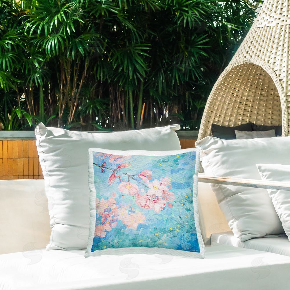 Ann Marie Coolick Yoshino Cherry Blossom Outdoor Quick-Dry Polyester Printed Throw Pillow in Back Yard
