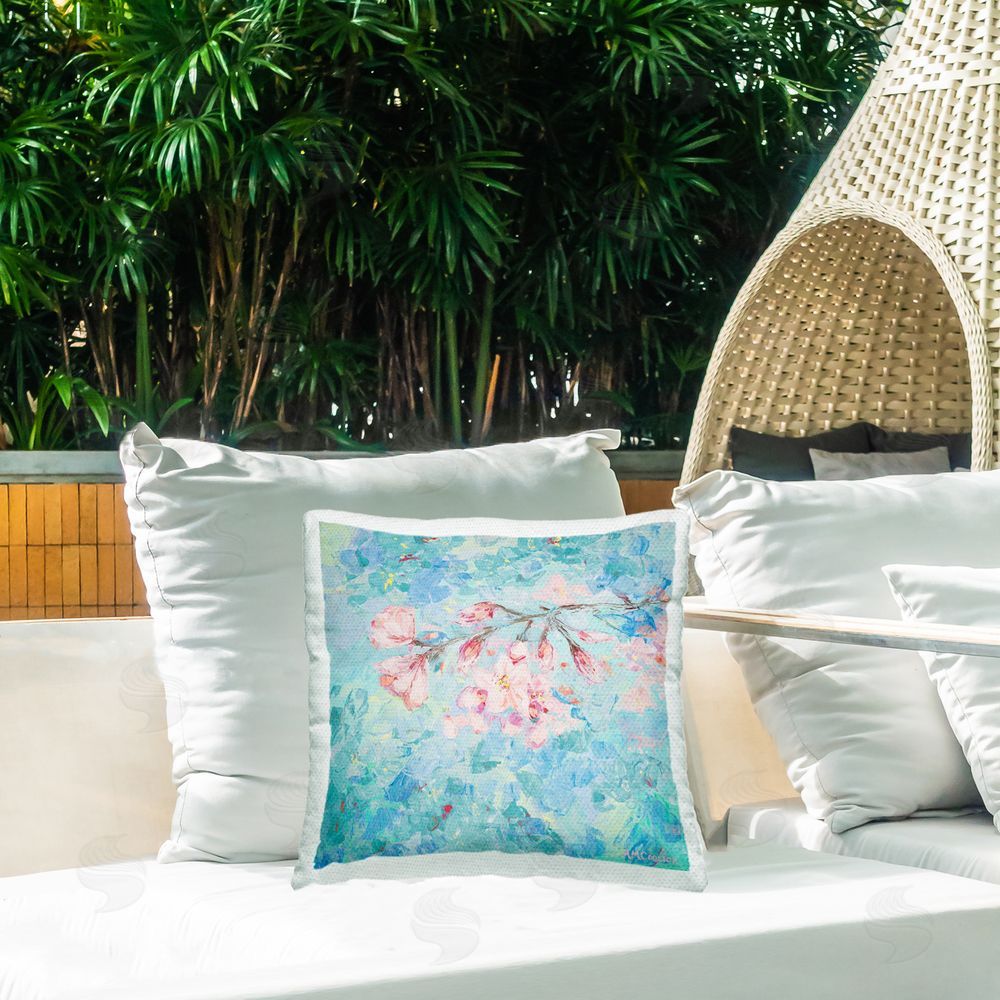 Ann Marie Coolick Cherry Blossoms on Blue Outdoor Quick-Dry Polyester Printed Throw Pillow in Back Yard