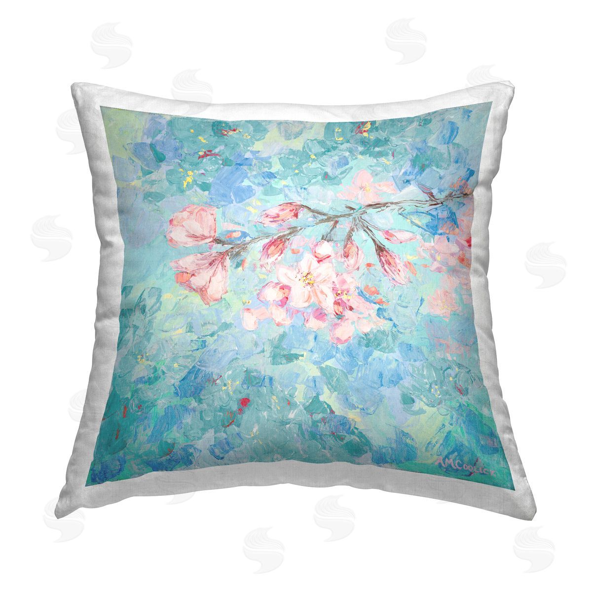 Ann Marie Coolick Cherry Blossoms on Blue Printed Plush Polyester Throw Pillow