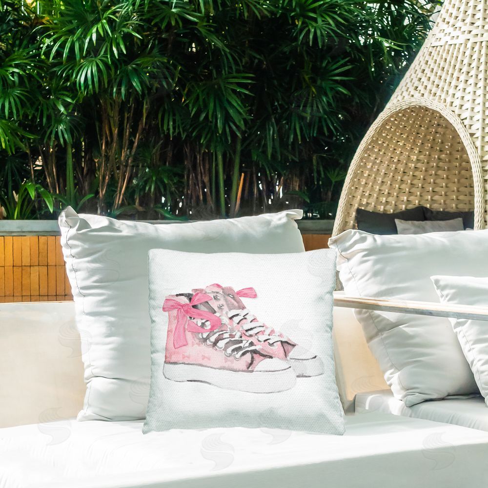 Lanie Loreth Simple Pink Bow Sneakers Outdoor Quick-Dry Polyester Printed Throw Pillow in Back Yard