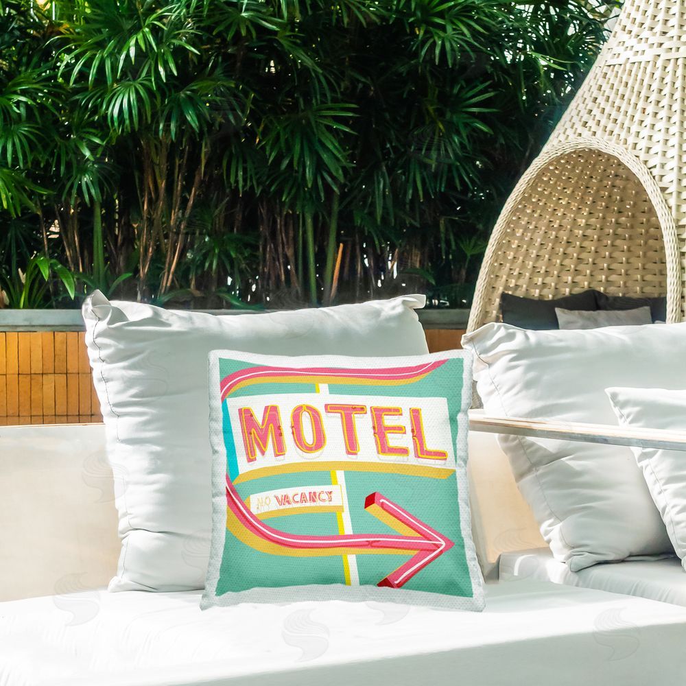 Jen Bucheli Retro Motel Vacancy Outdoor Quick-Dry Polyester Printed Throw Pillow in Back Yard