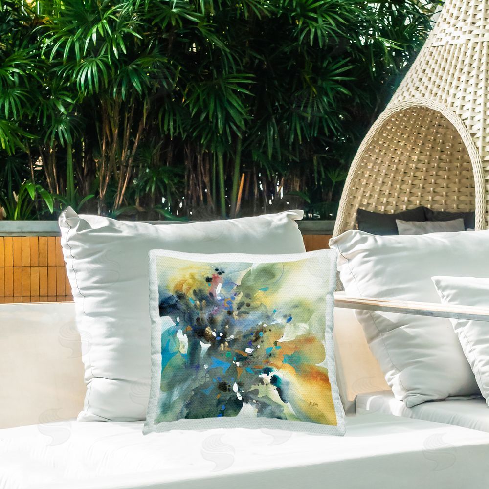 K. Nari Abstract with Ink Droplets Outdoor Quick-Dry Polyester Printed Throw Pillow in Back Yard