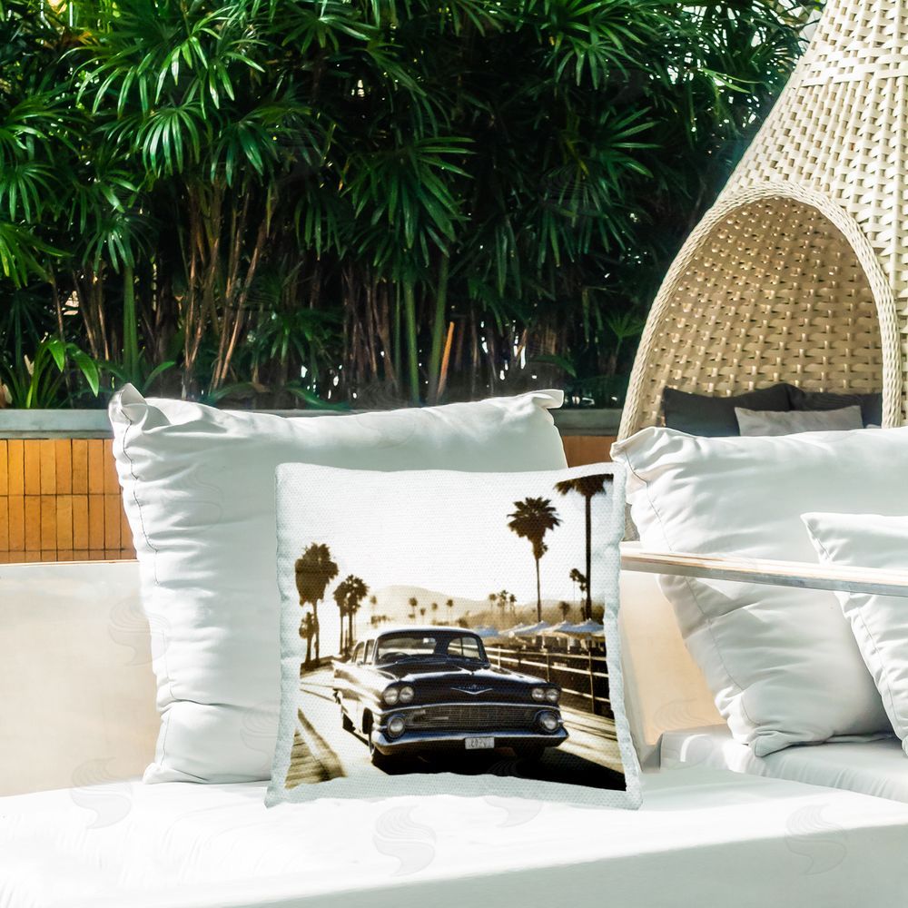 Noah Bay Miami Car & Palm Tree Outdoor Quick-Dry Polyester Printed Throw Pillow in Back Yard