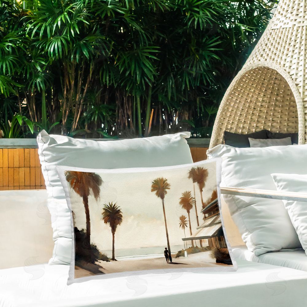 Noah Bay Deserted Beach & Palms Outdoor Quick-Dry Polyester Printed Throw Pillow in Back Yard