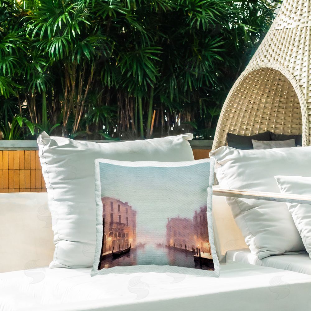 Noah Bay Surfer with Tropical Palms Outdoor Quick-Dry Polyester Printed Throw Pillow in Back Yard