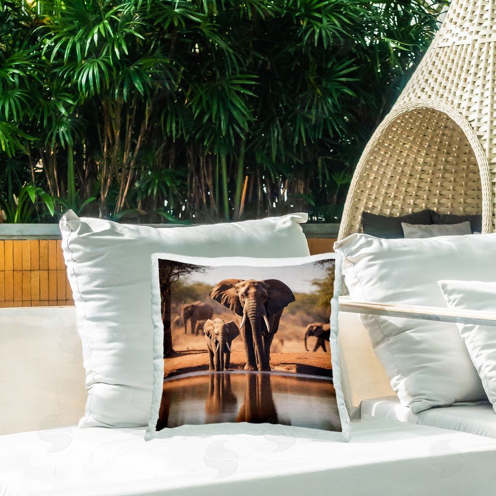 Noah Bay Elephant & Calf at Waterhole Outdoor Quick-Dry Polyester Printed Throw Pillow in Back Yard