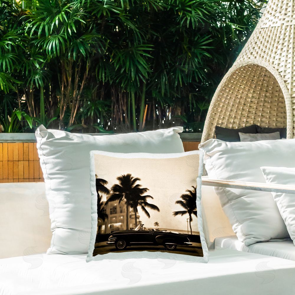 Noah Bay Classic Black Car & Palms Outdoor Quick-Dry Polyester Printed Throw Pillow in Back Yard