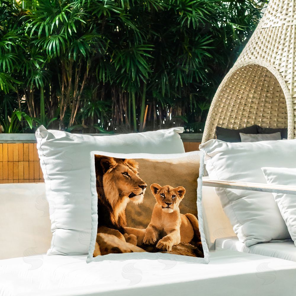 Noah Bay Lion & Cub Portrait Outdoor Quick-Dry Polyester Printed Throw Pillow in Back Yard