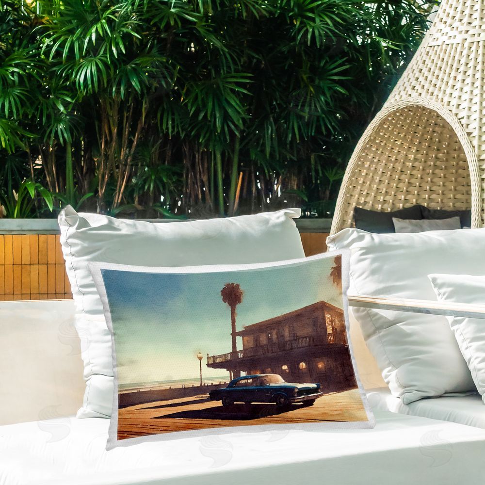 Noah Bay Sunset Glow over Car Outdoor Quick-Dry Polyester Printed Throw Pillow in Back Yard