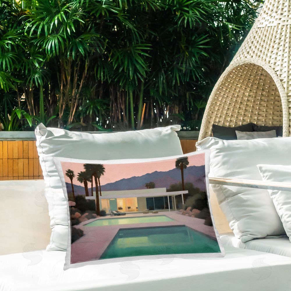 Noah Bay Tranquil Pool at Sunset Outdoor Quick-Dry Polyester Printed Throw Pillow in Back Yard