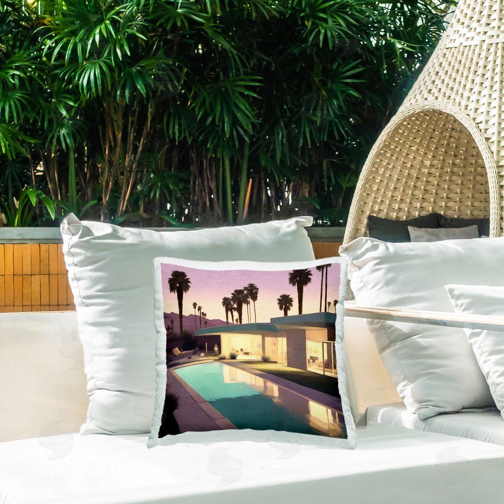 Noah Bay Palm Trees & Pool Villa Outdoor Quick-Dry Polyester Printed Throw Pillow in Back Yard