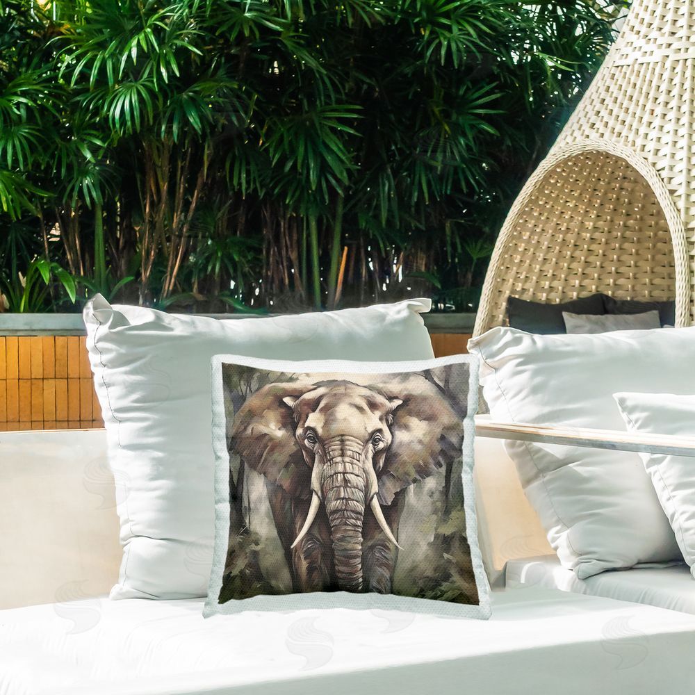 Noah Bay Grey Elephant Portrait Outdoor Quick-Dry Polyester Printed Throw Pillow in Back Yard