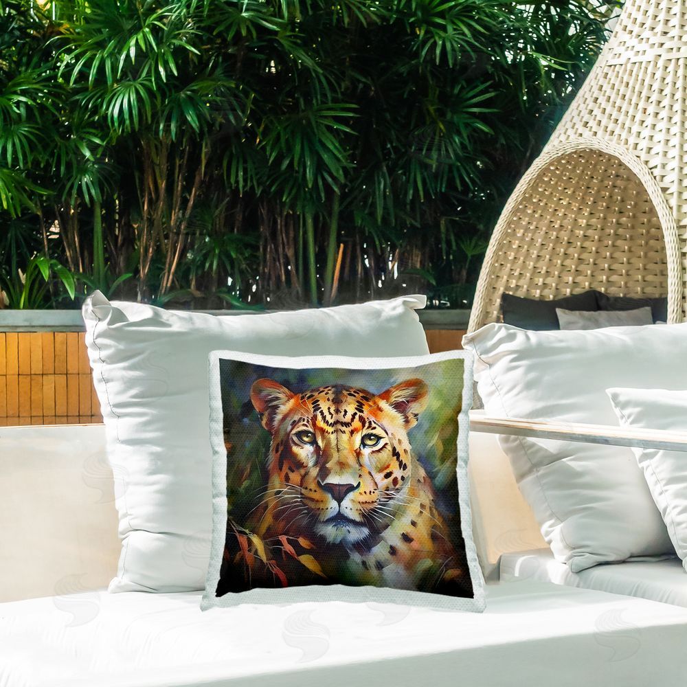 Noah Bay Leopard Face Portrait Outdoor Quick-Dry Polyester Printed Throw Pillow in Back Yard
