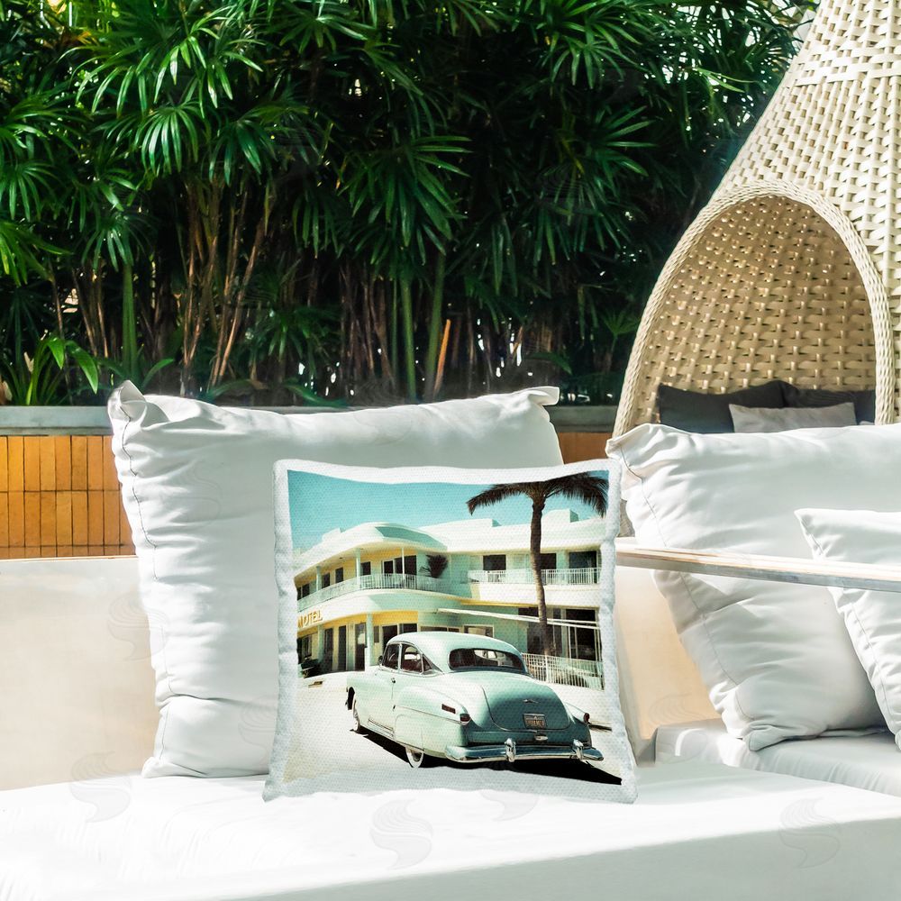 Noah Bay Classic Car at Motel Outdoor Quick-Dry Polyester Printed Throw Pillow in Back Yard