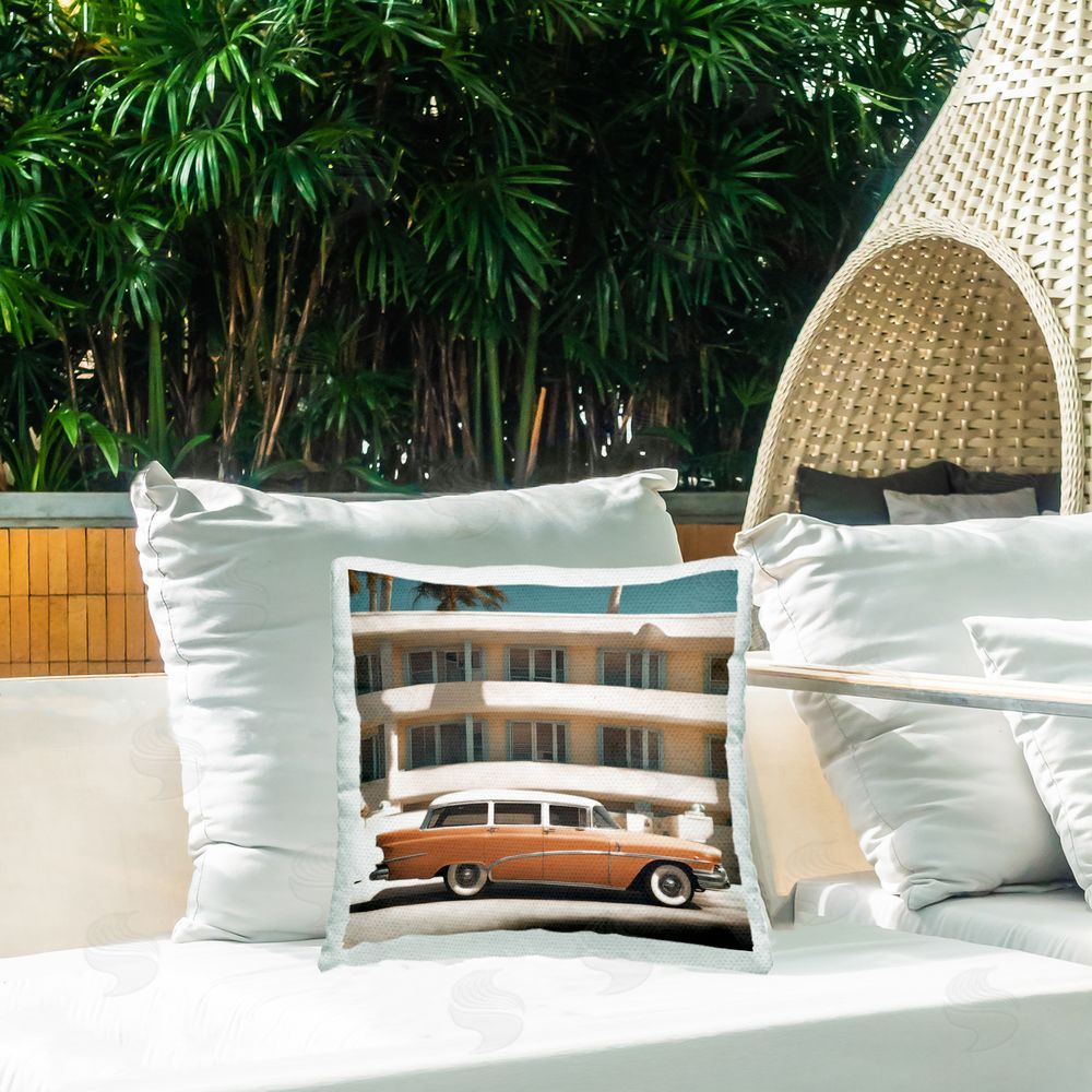 Noah Bay Antique Car in Miami Outdoor Quick-Dry Polyester Printed Throw Pillow in Back Yard