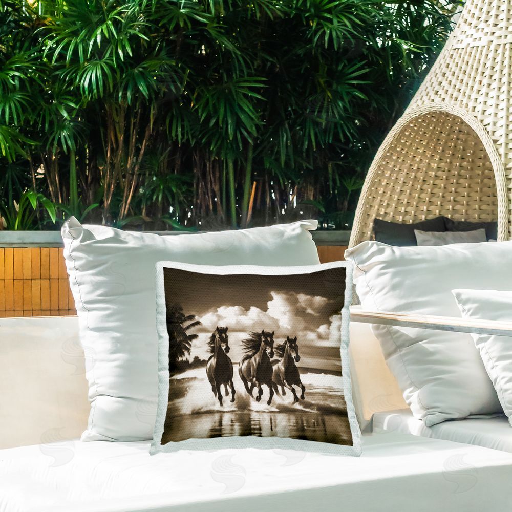 Noah Bay Sepia Stallions Galloping Outdoor Quick-Dry Polyester Printed Throw Pillow in Back Yard
