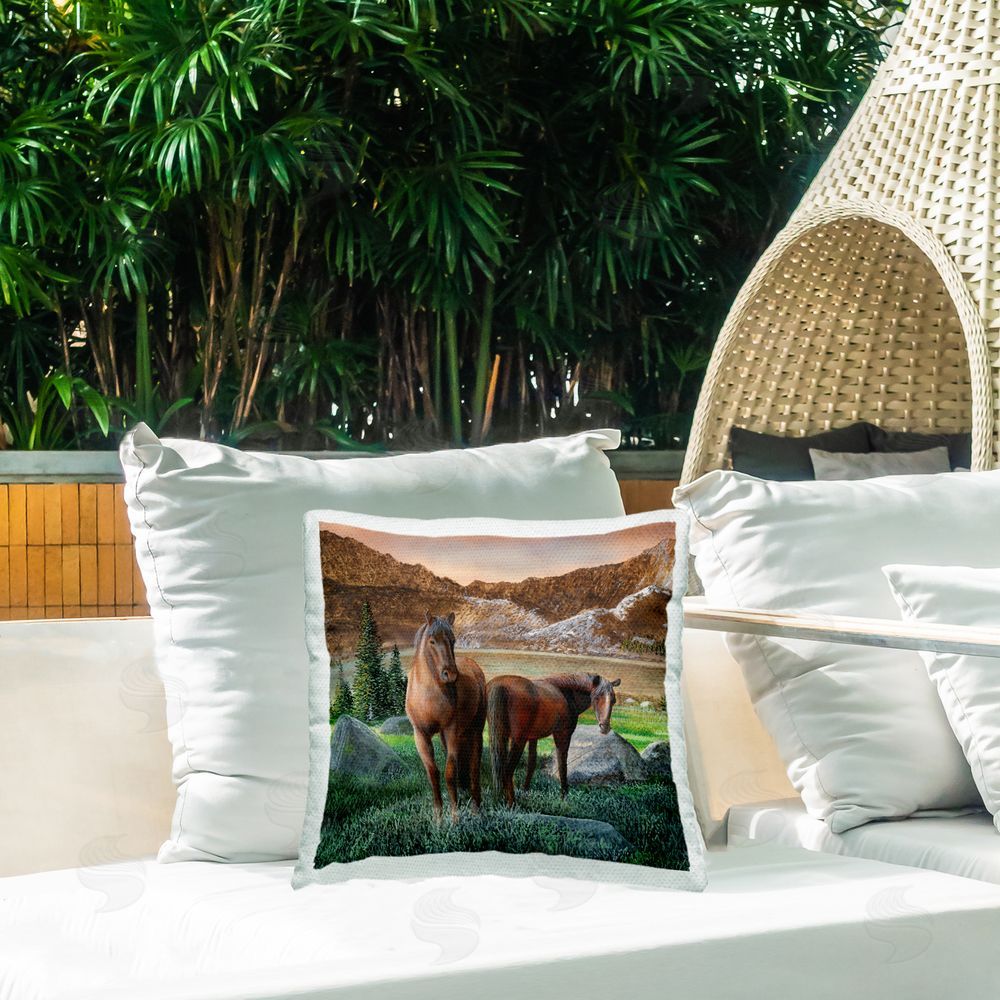 Kevin Daniel Two Horses by Mountain Outdoor Quick-Dry Polyester Printed Throw Pillow in Back Yard