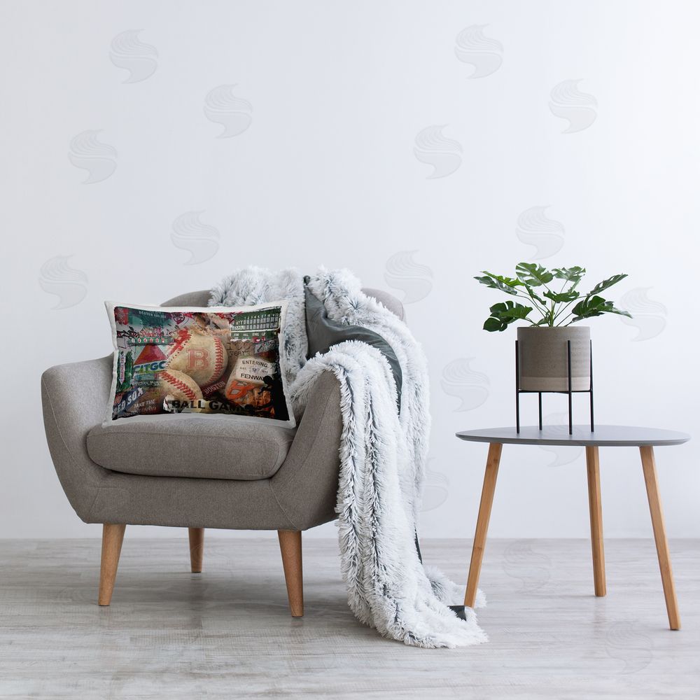 Graffitee Studios Entering Fenway Baseball Collage Printed Plush Polyester Throw Pillow On Chair