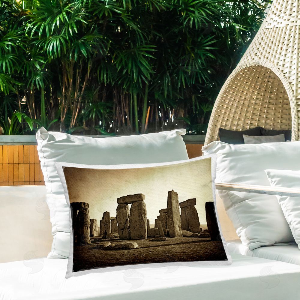 Graffitee Studios Distant Stonehenge Sepia Outdoor Quick-Dry Polyester Printed Throw Pillow in Back Yard