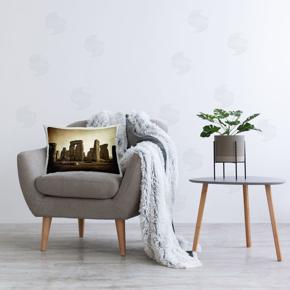 Graffitee Studios Distant Stonehenge Sepia Printed Plush Polyester Throw Pillow On Chair
