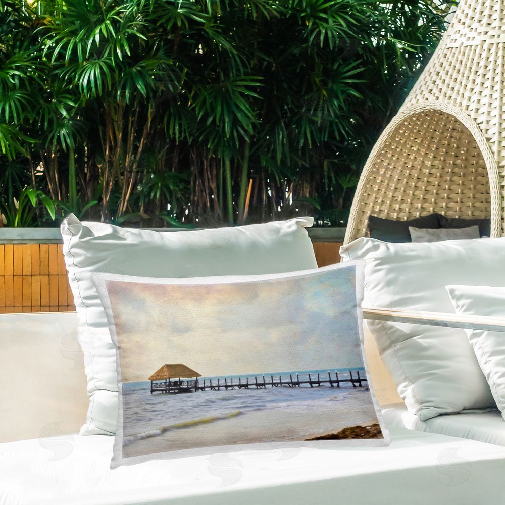 Graffitee Studios Paradise Pier Shoreline Outdoor Quick-Dry Polyester Printed Throw Pillow in Back Yard