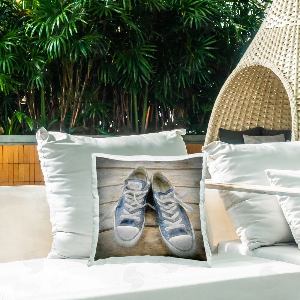 Graffitee Studios Denim Blue Classic Sneakers Outdoor Quick-Dry Polyester Printed Throw Pillow in Back Yard