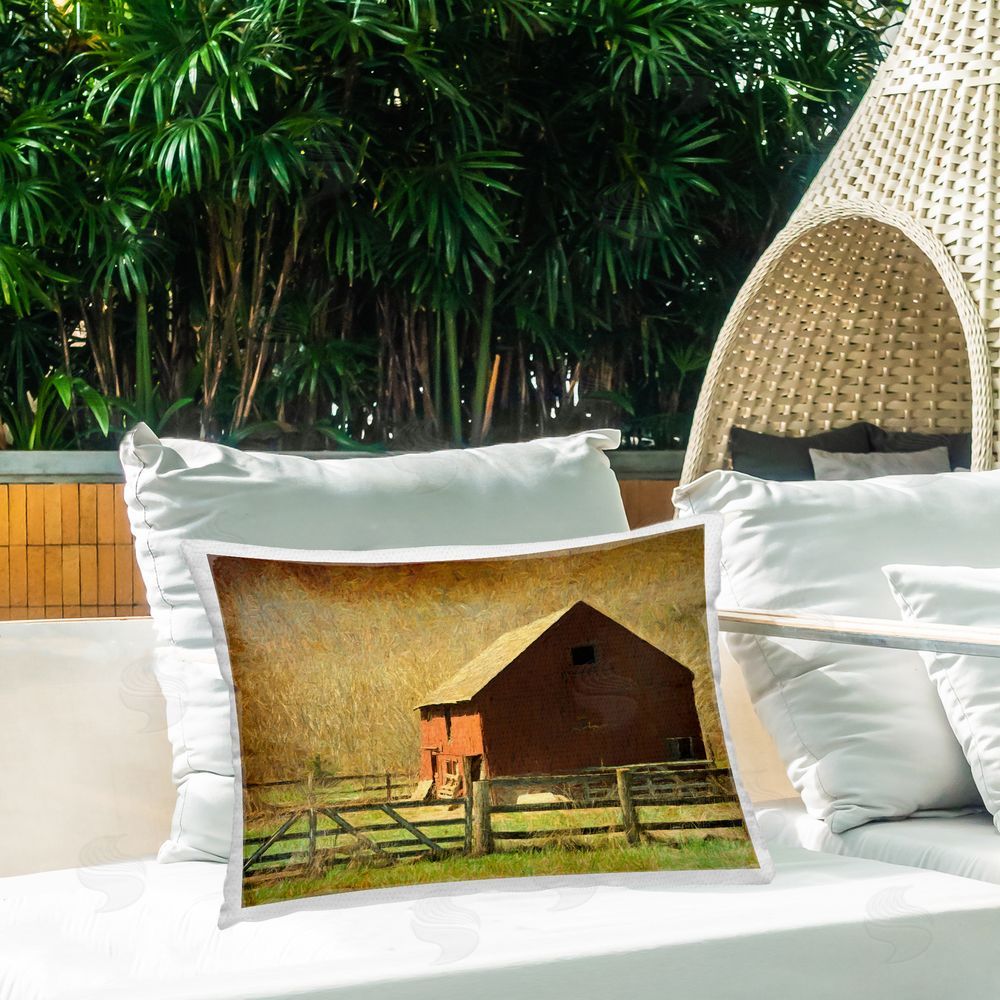 Graffitee Studios Red Barn Distressed Pattern Outdoor Quick-Dry Polyester Printed Throw Pillow in Back Yard
