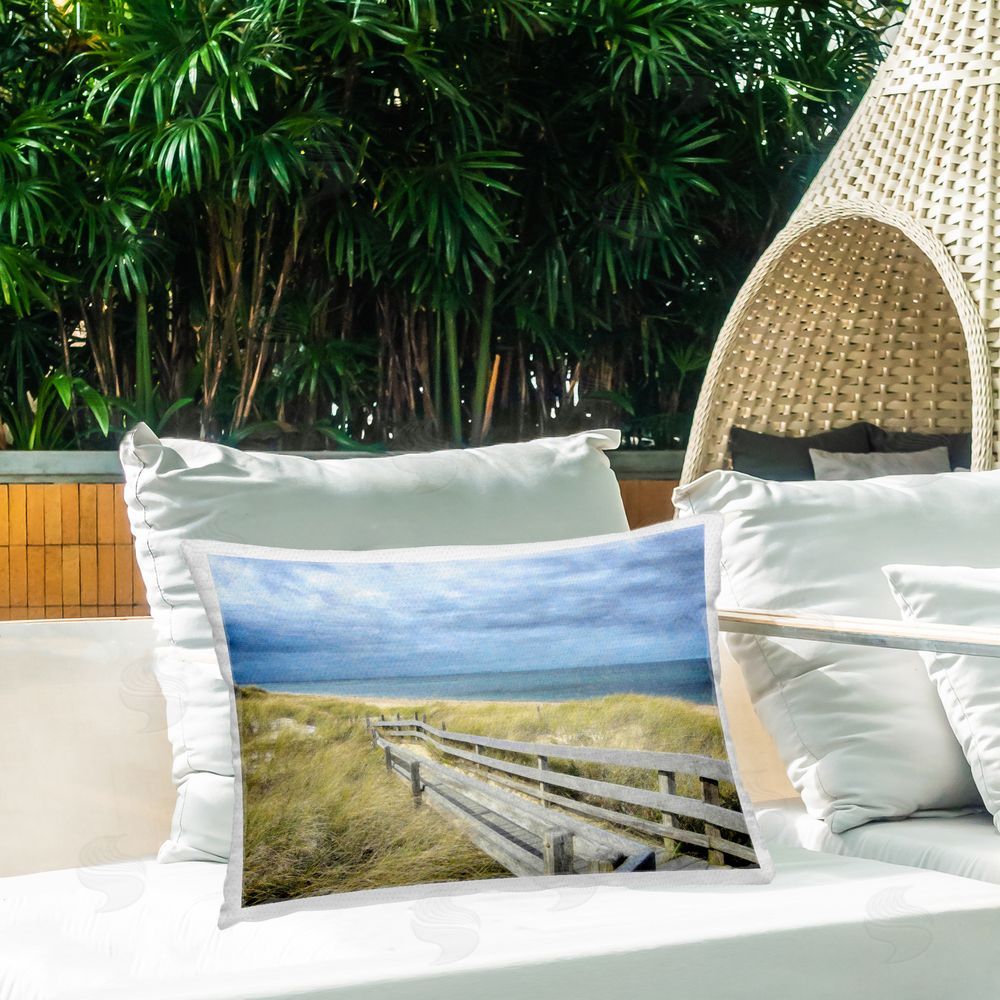 Graffitee Studios Sandy Boardwalk View Outdoor Quick-Dry Polyester Printed Throw Pillow in Back Yard