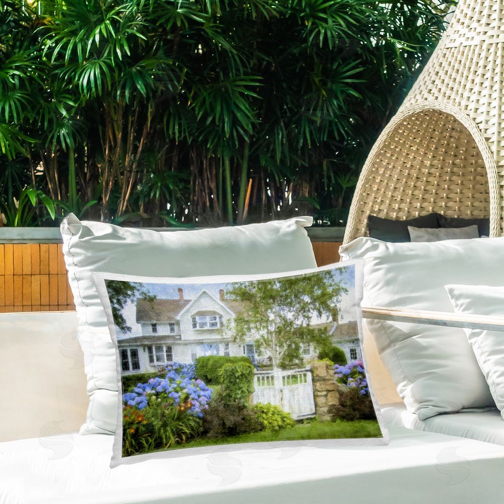 Graffitee Studios Beach Getaway Cottage Outdoor Quick-Dry Polyester Printed Throw Pillow in Back Yard