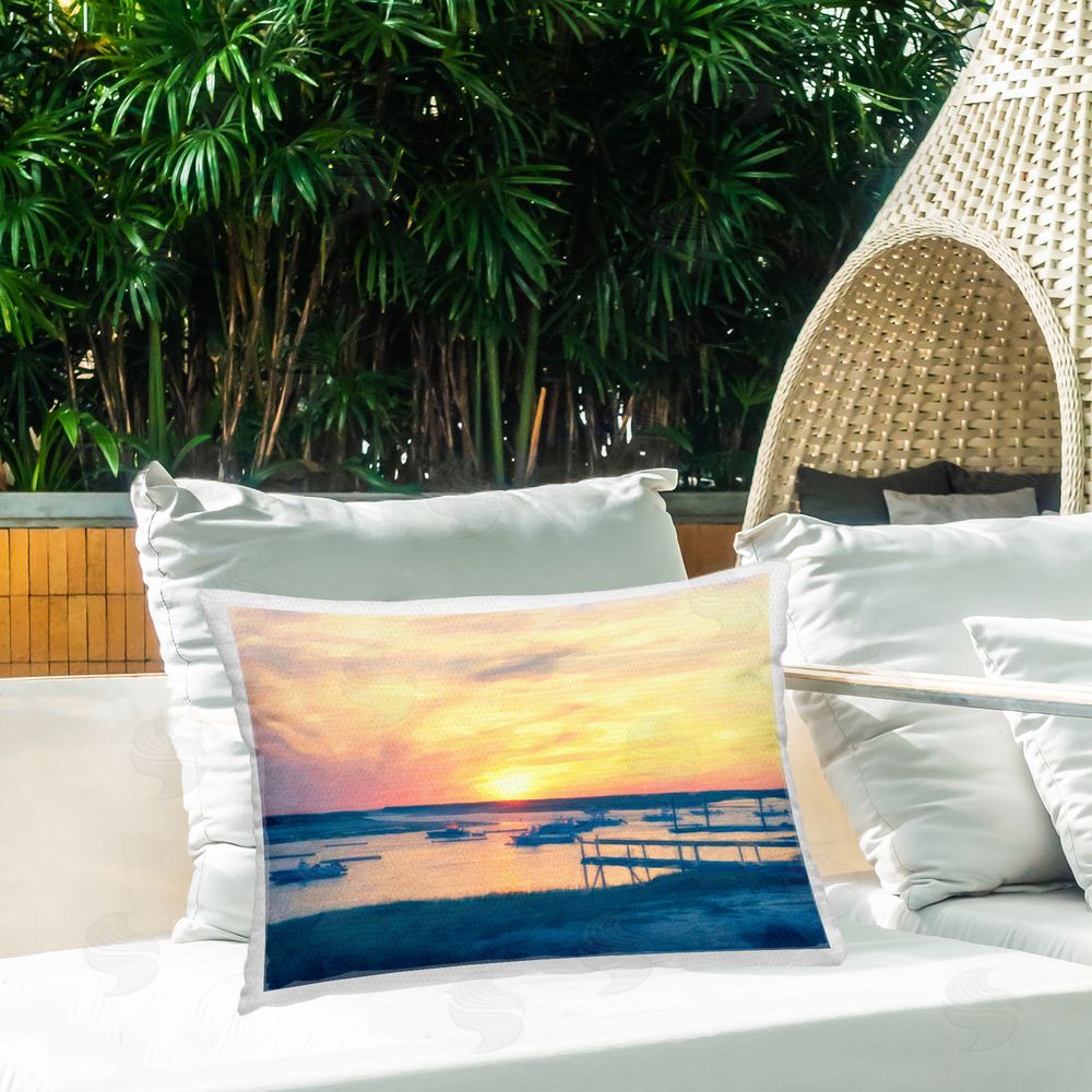 Graffitee Studios Boats Illuminated at Sunset Outdoor Quick-Dry Polyester Printed Throw Pillow in Back Yard