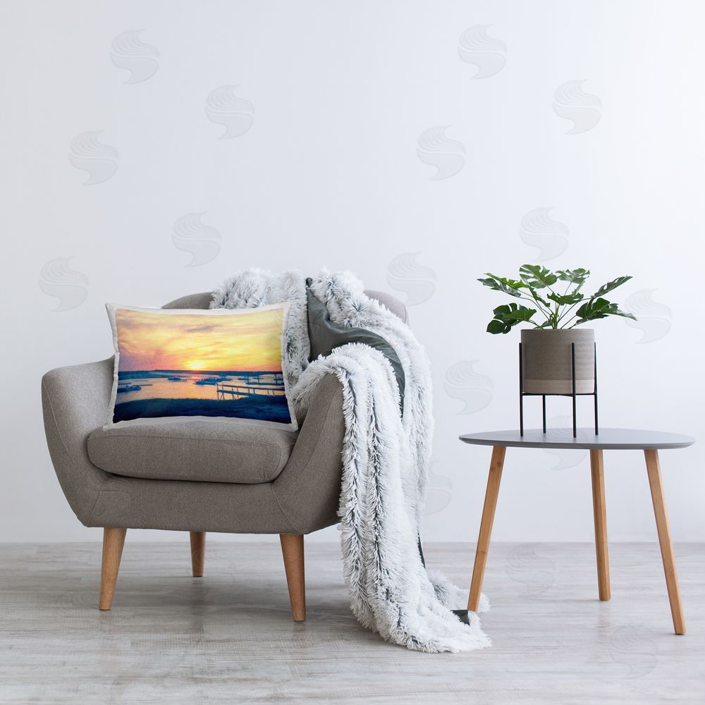 Graffitee Studios Boats Illuminated at Sunset Printed Plush Polyester Throw Pillow On Chair