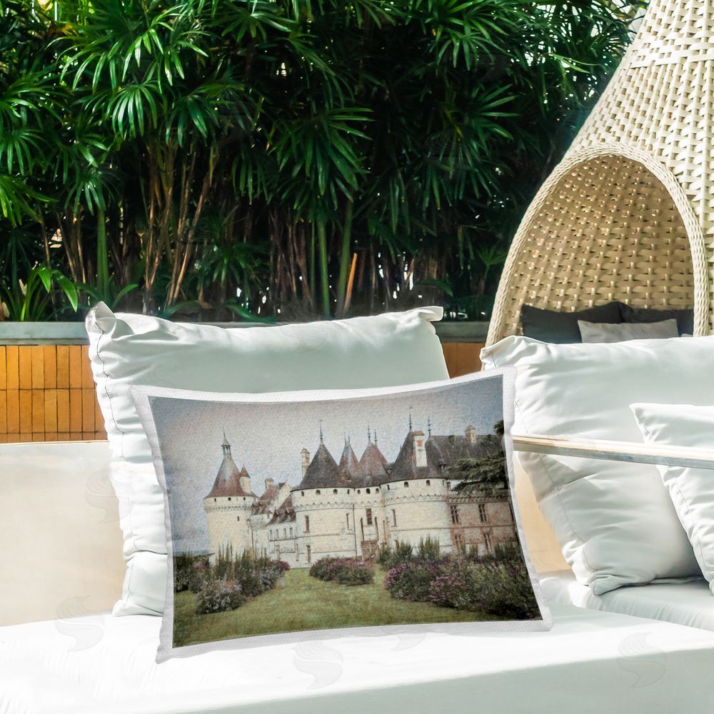 Graffitee Studios French Castle Landmark Outdoor Quick-Dry Polyester Printed Throw Pillow in Back Yard
