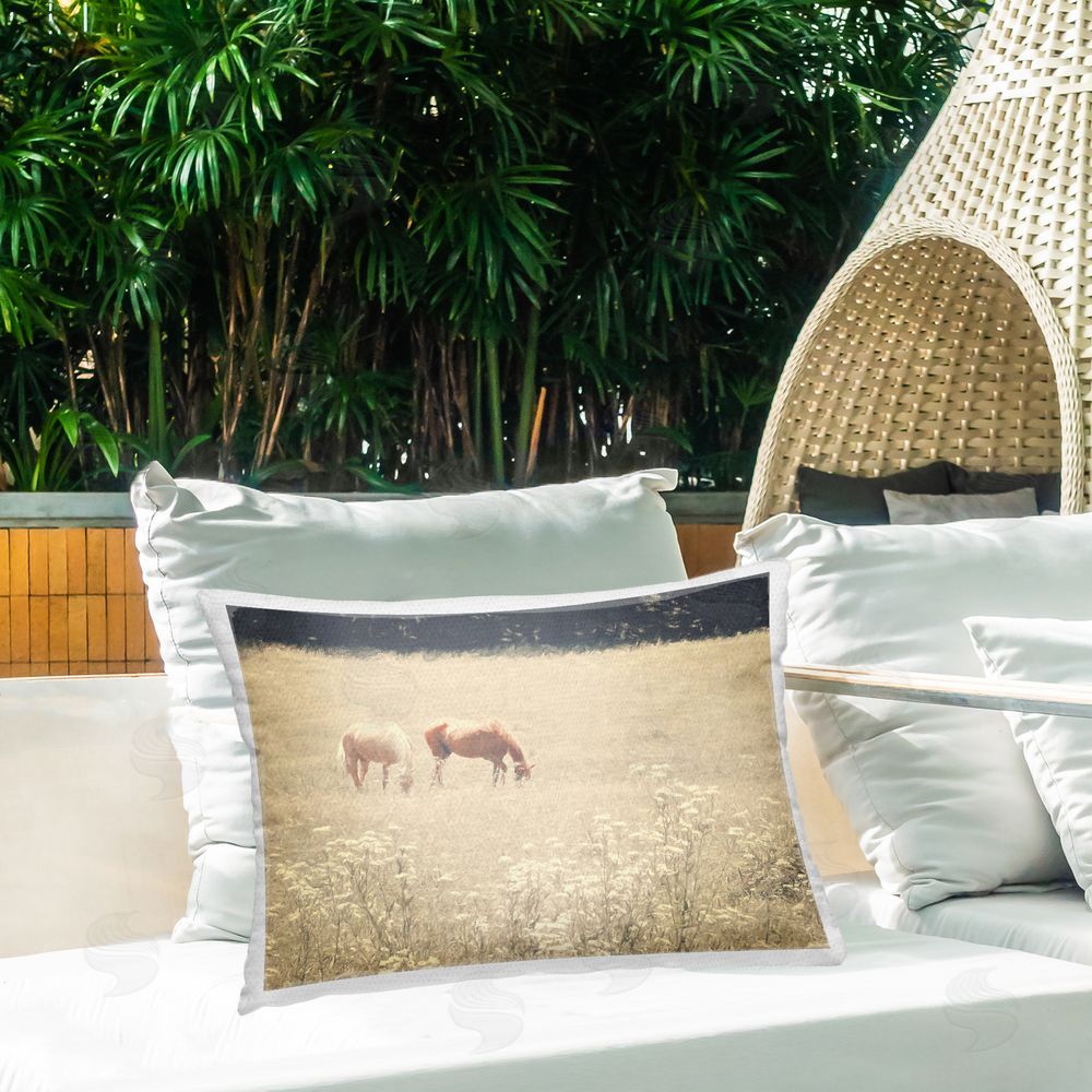 Graffitee Studios Pair of Horses Grazing Outdoor Quick-Dry Polyester Printed Throw Pillow in Back Yard
