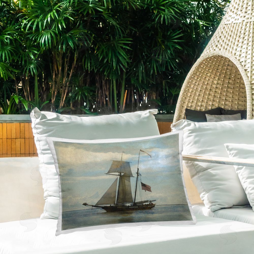 Graffitee Studios Classic Ship with Flag Outdoor Quick-Dry Polyester Printed Throw Pillow in Back Yard