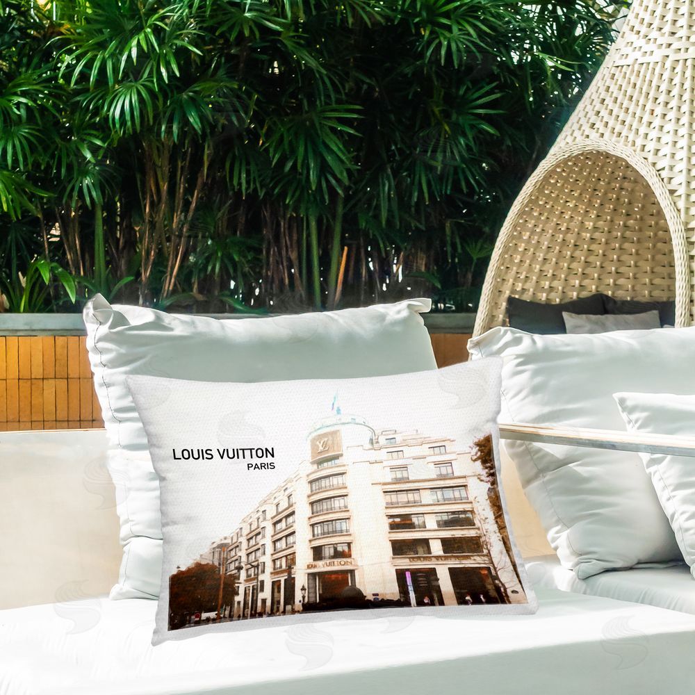 Graffitee Studios Designer Brand Building Outdoor Quick-Dry Polyester Printed Throw Pillow in Back Yard